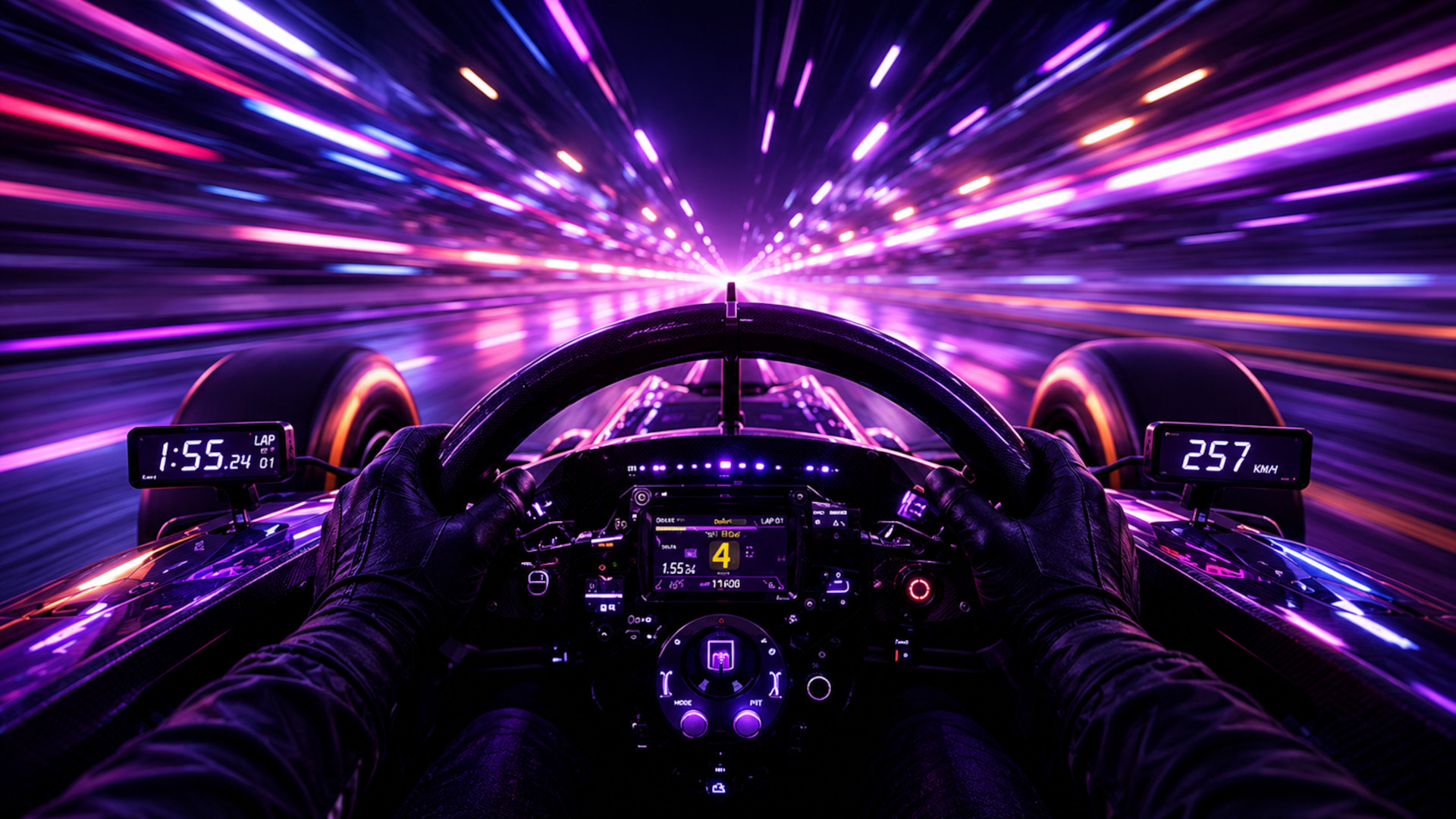 Cockpit view of a race car at speed